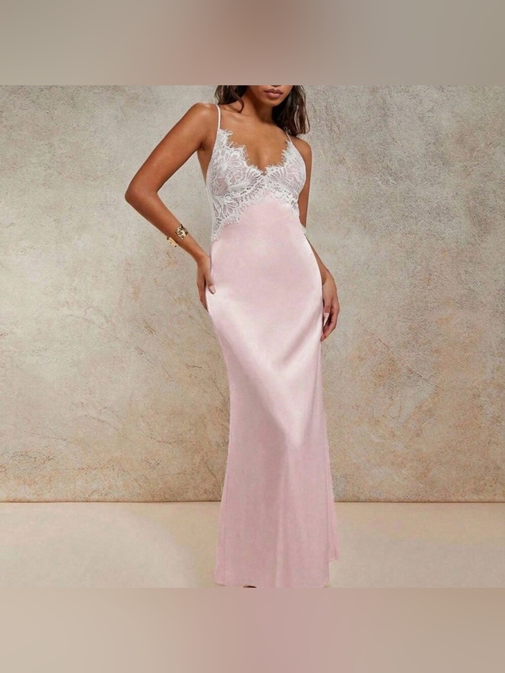 Elegant Lace-Trim Pink Maxi Dress